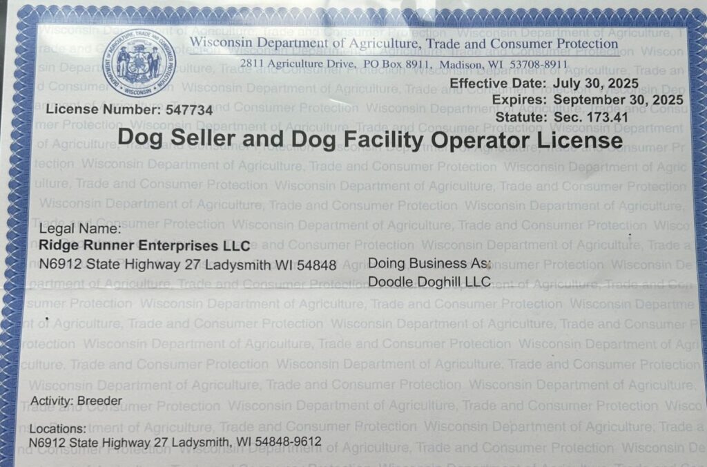 Wisconsin dog seller license for Ridge Runner Enterprises.